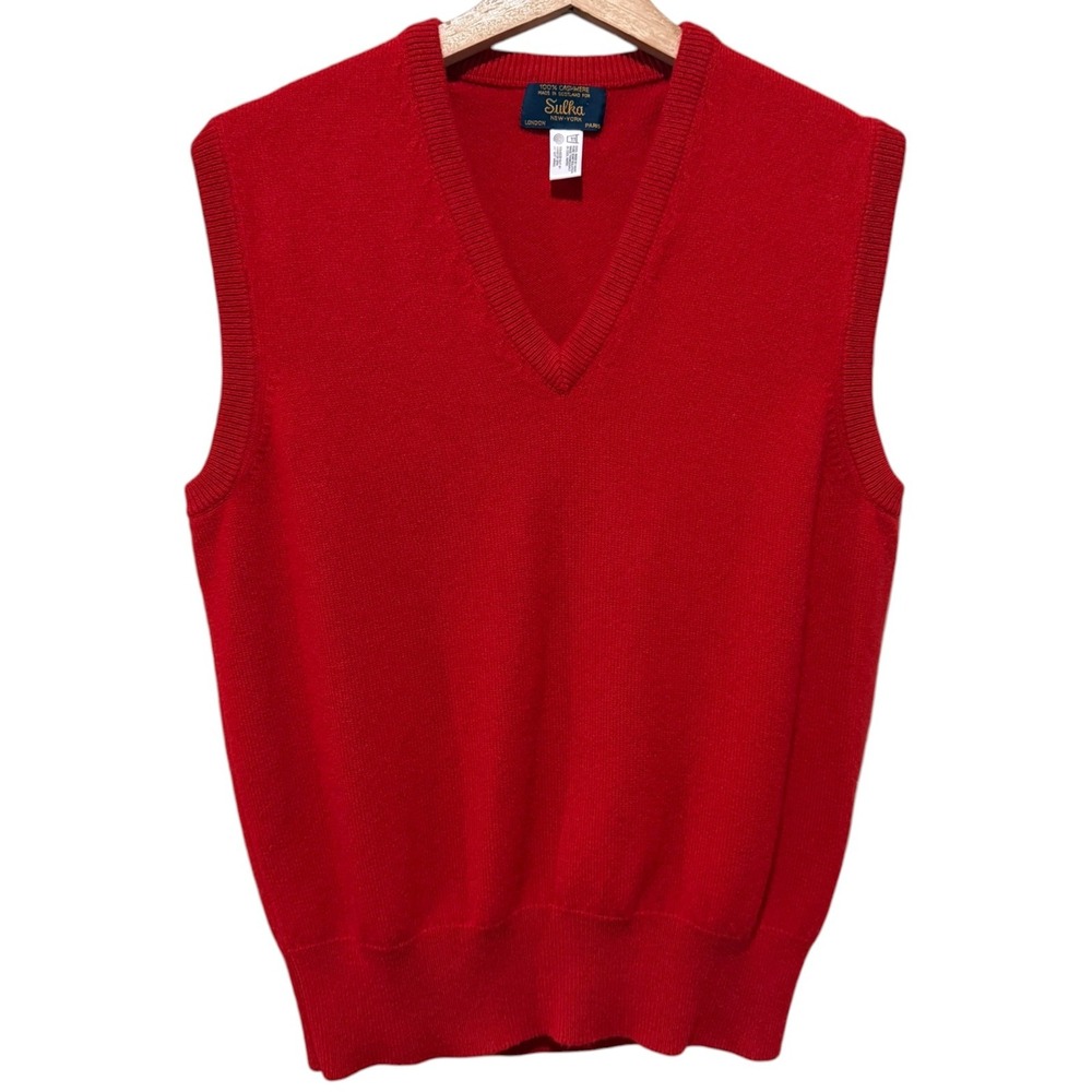 Sulka 100% Cashmere Sweater Vest Mens Sz 44 IT/L Red Scotland V-Neck Preppy